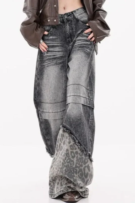 Patchwork Leopard Wide Leg Jeans - Image 17