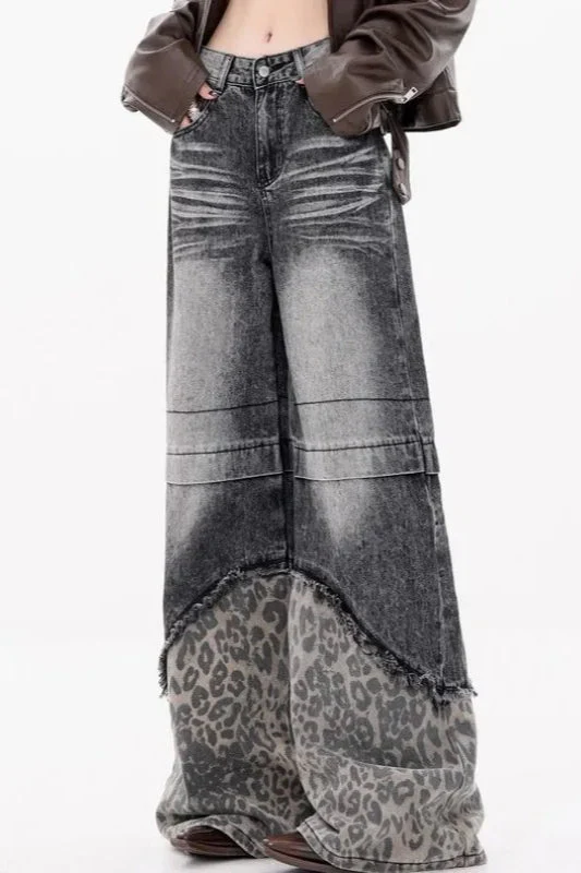 Patchwork Leopard Wide Leg Jeans - Image 4