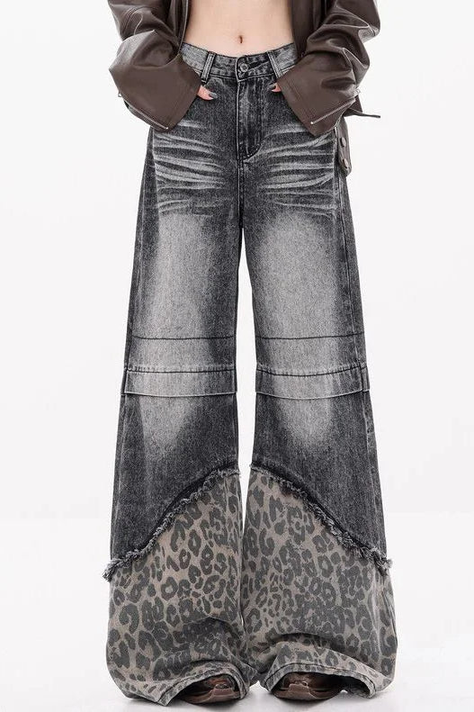 Patchwork Leopard Wide Leg Jeans - Image 6