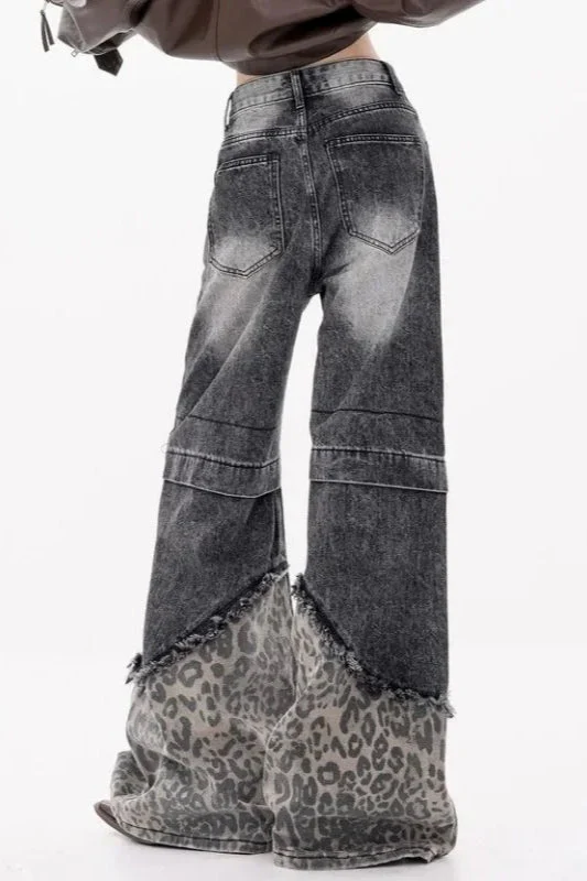 Patchwork Leopard Wide Leg Jeans - Image 8