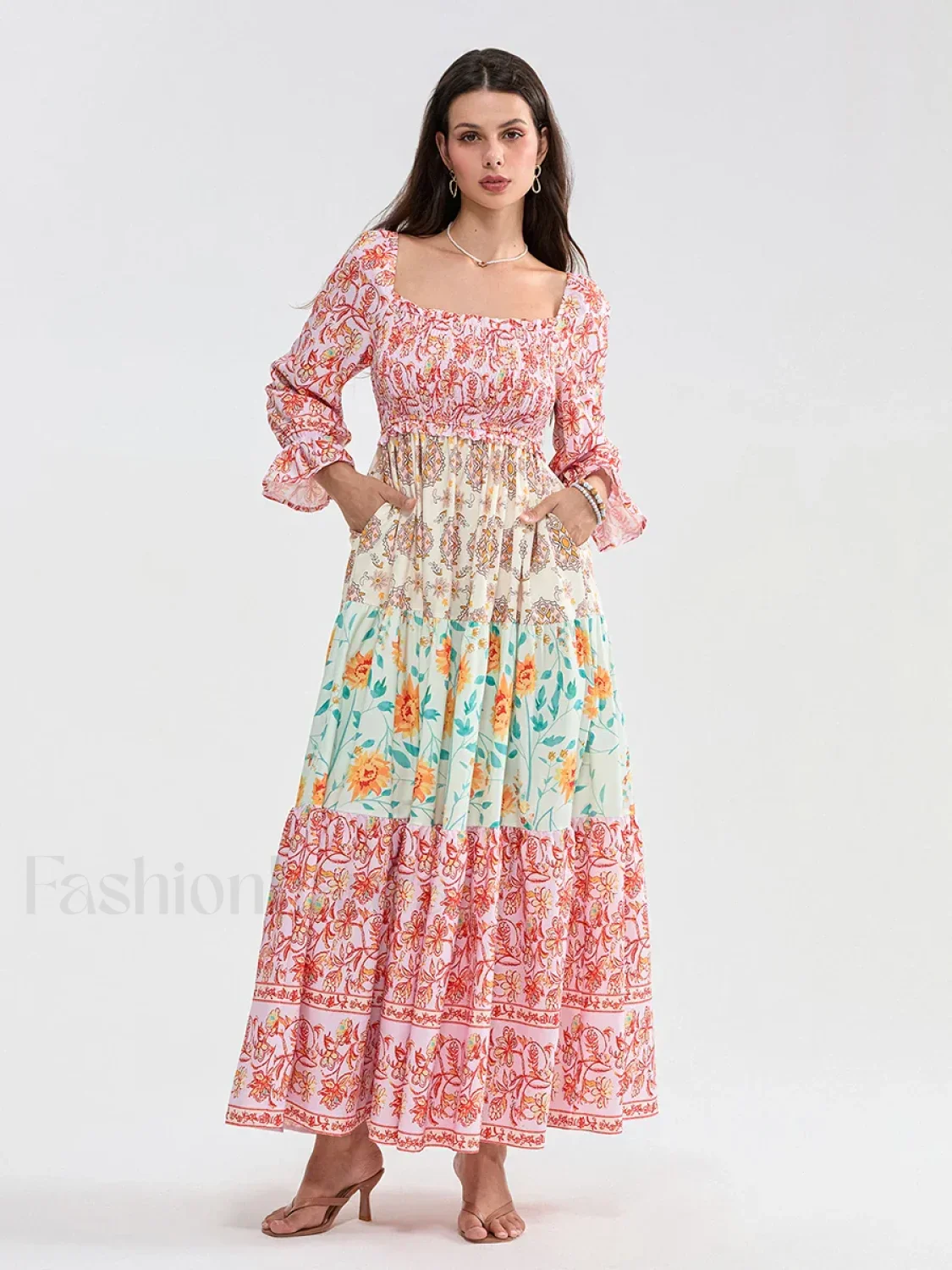 Patchwork Puff Sleeve Boho Dress - Image 14