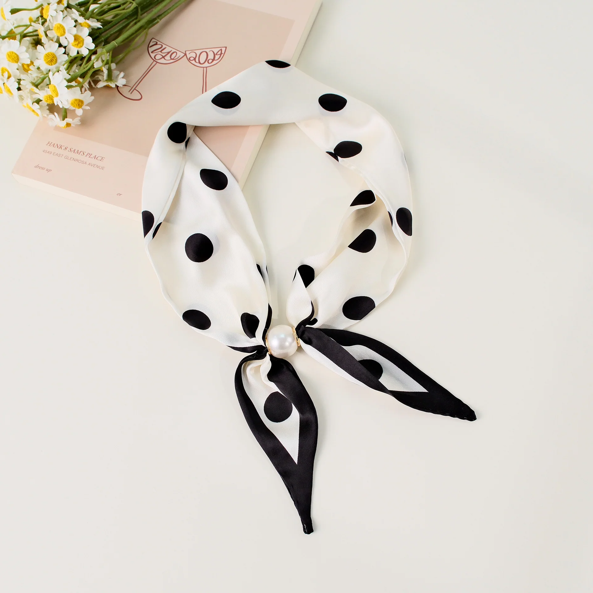 Pearl Magnetic Buckle Polka Dot Neck Ribbon Scarf