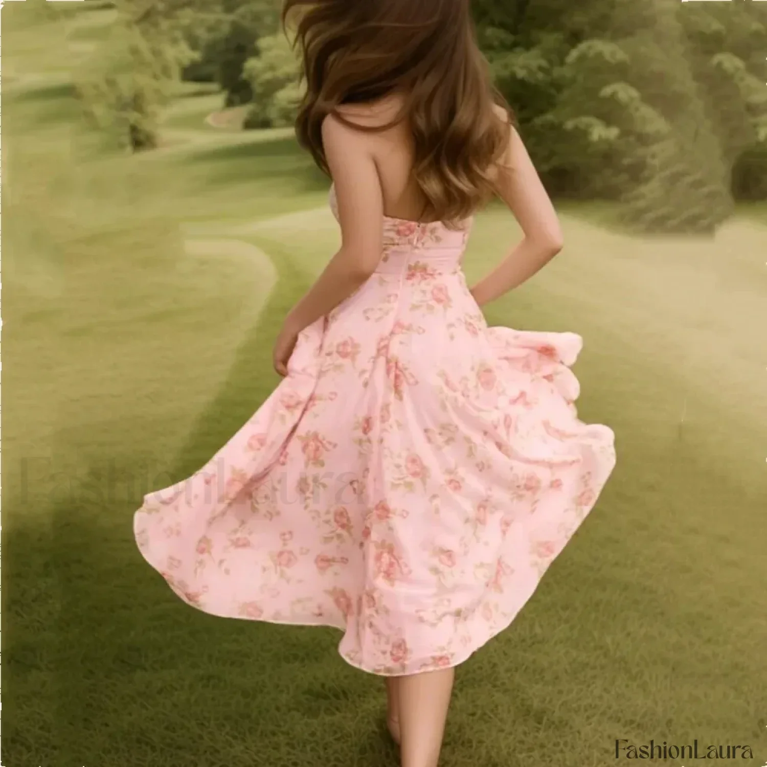 Pink Halter Pleated Floral Dress - Image 5