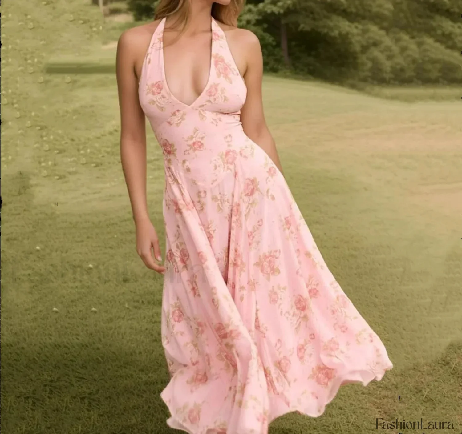 Pink Halter Pleated Floral Dress - Image 6