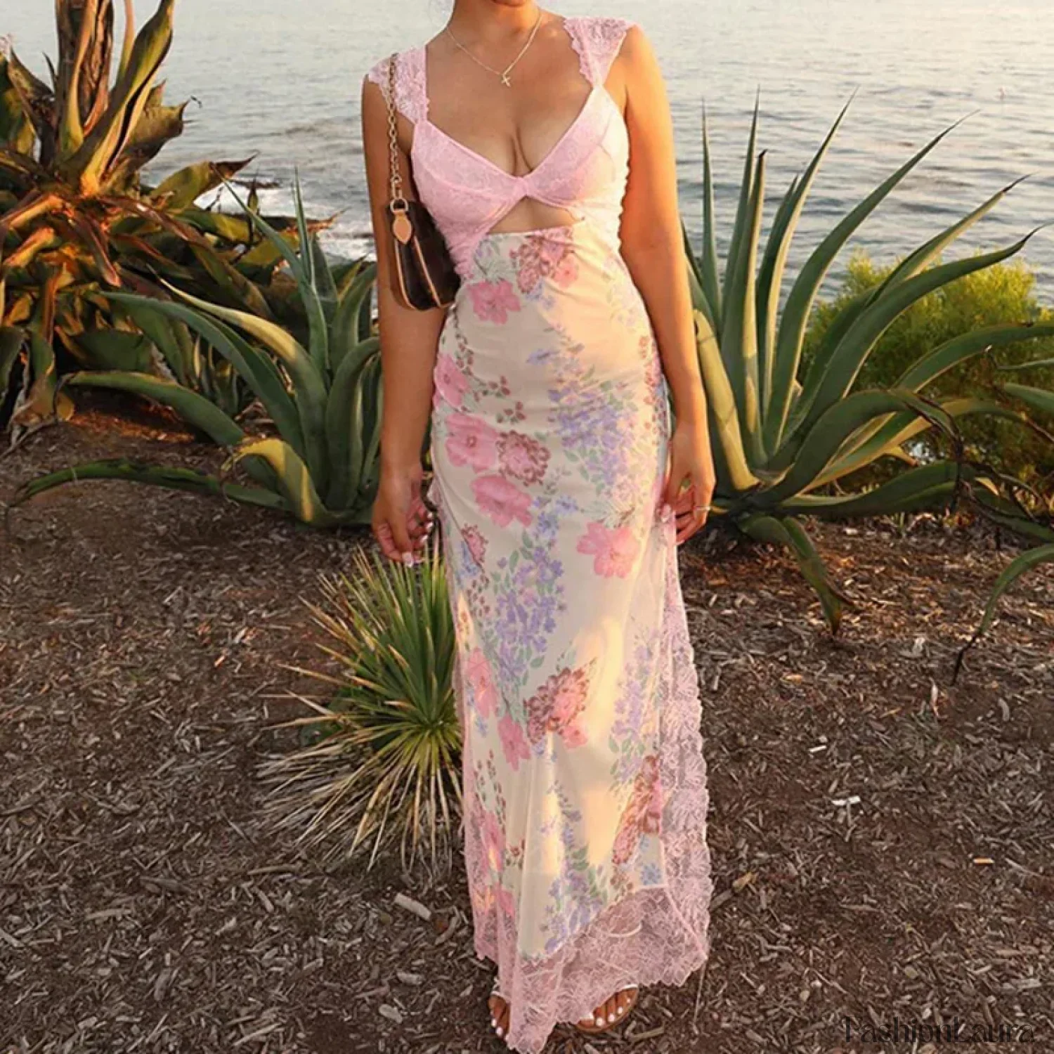 Pink Lace Patchwork Floral Dress - Image 8