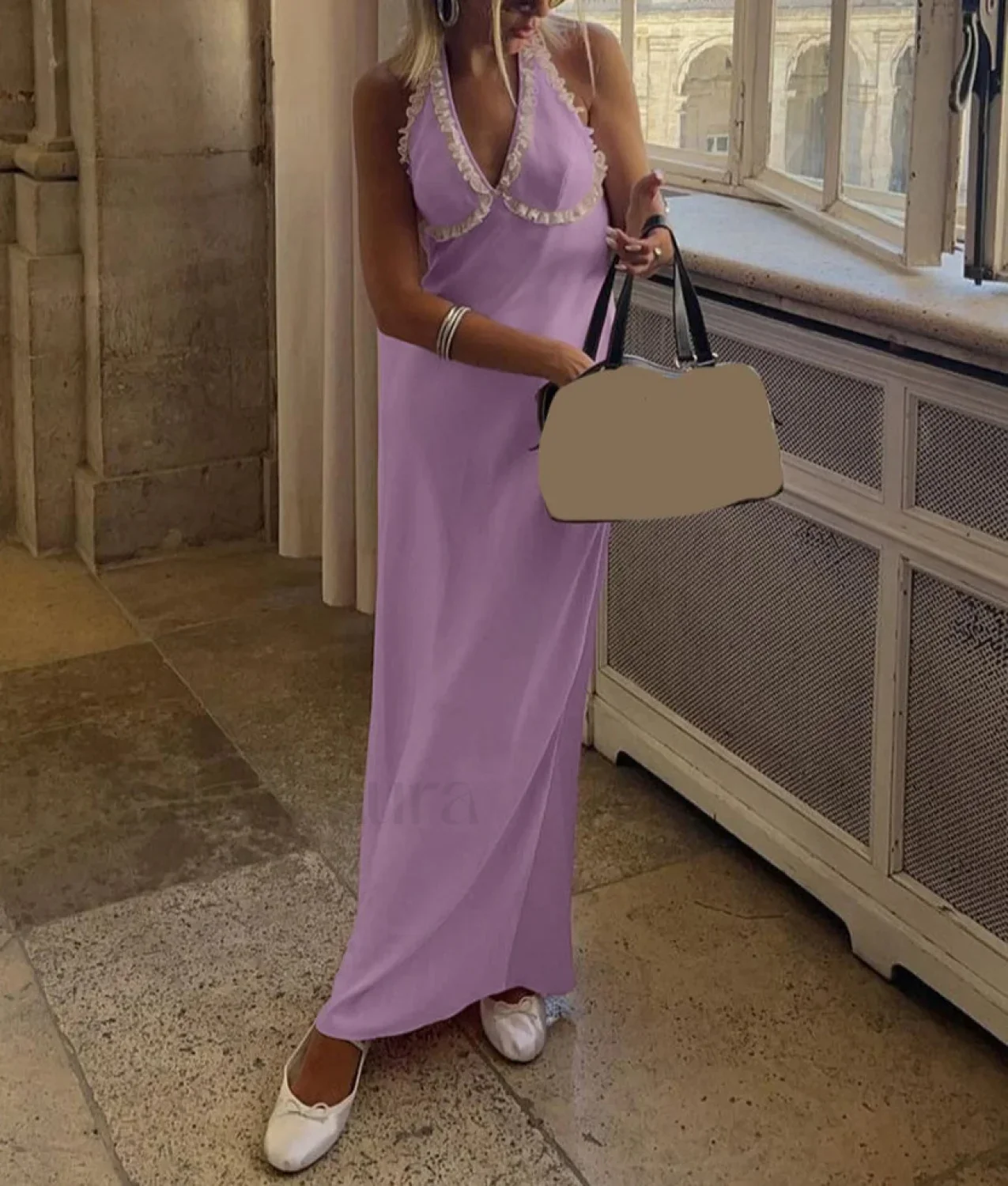 Pink Satin Halter Midi Dress - Image 2