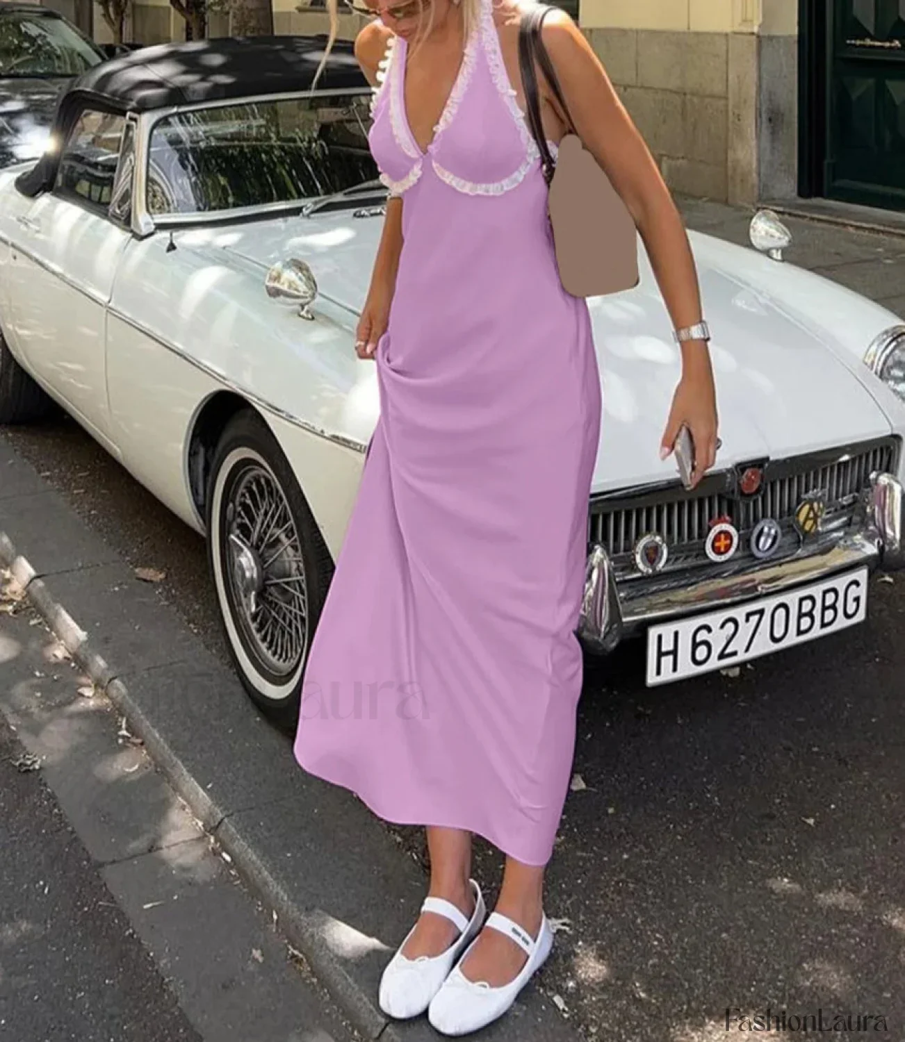 Pink Satin Halter Midi Dress - Image 4