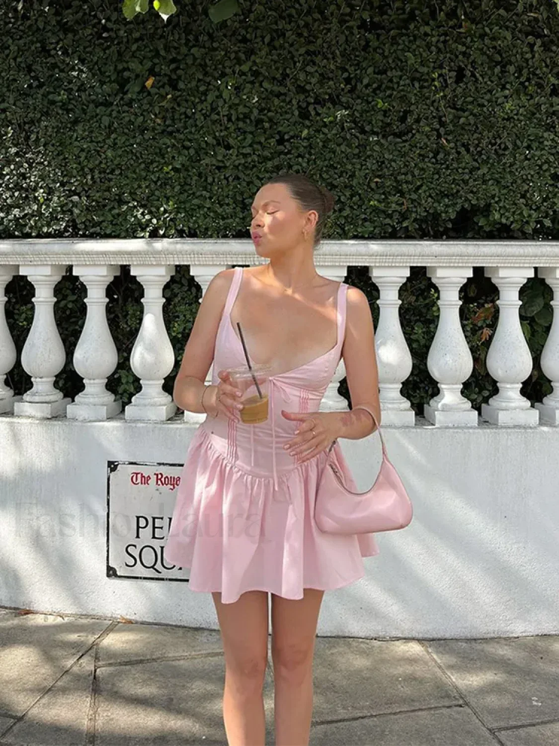 Pink V-Neck A-Line Mini Dress - Image 6