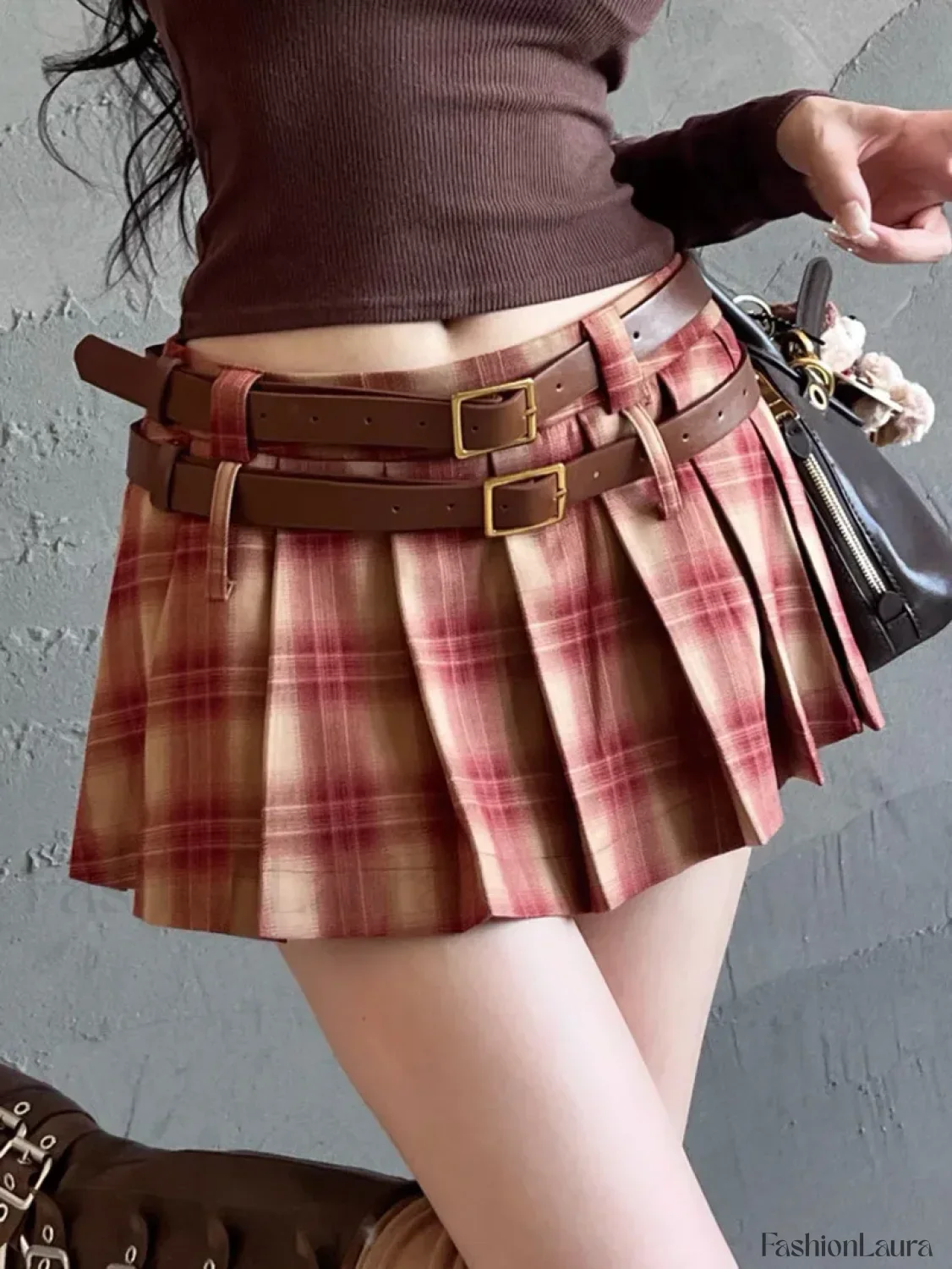 Plaid Double Waistband Pleated Skirt - Image 5