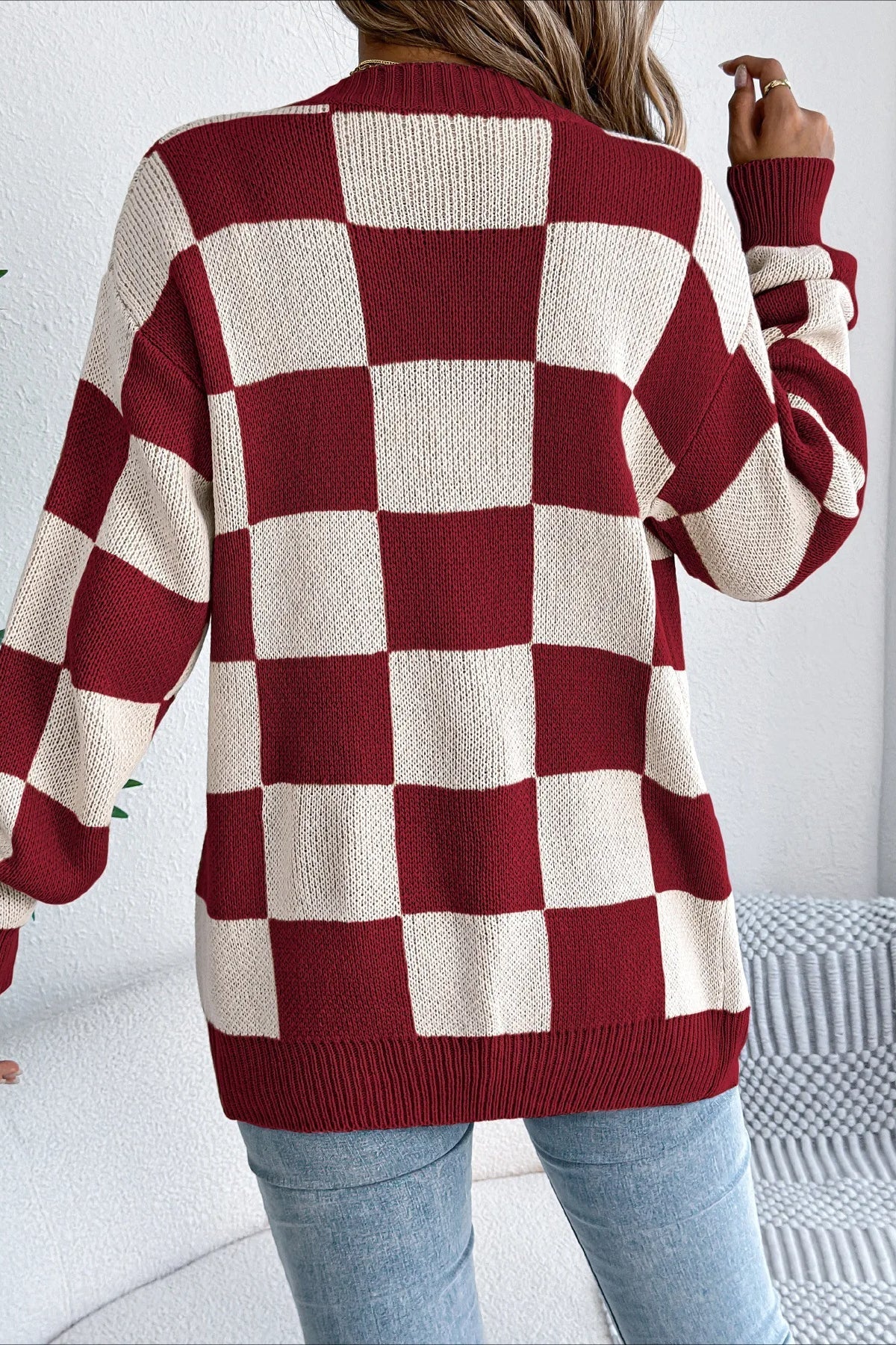 Plaid Knit Casual Loose Cardigan - Image 2