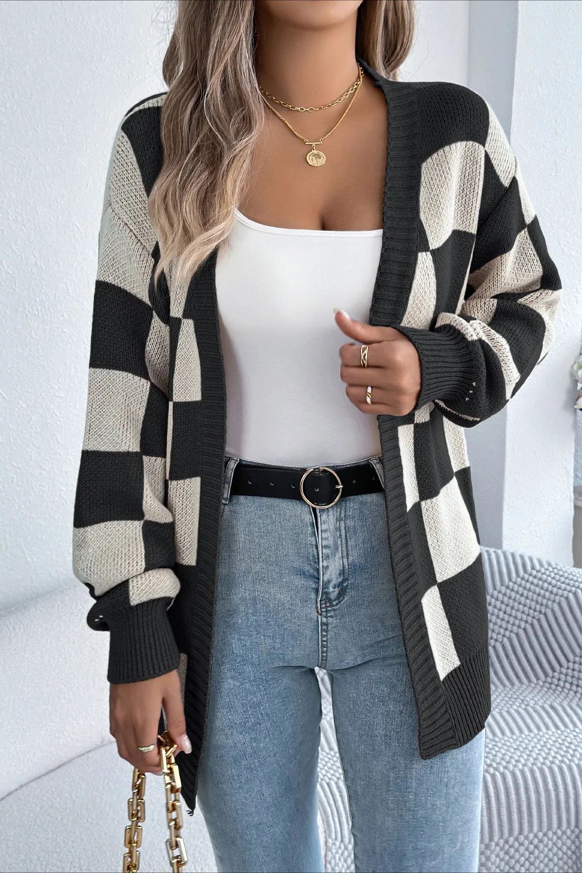 Plaid Knit Casual Loose Cardigan - Image 3