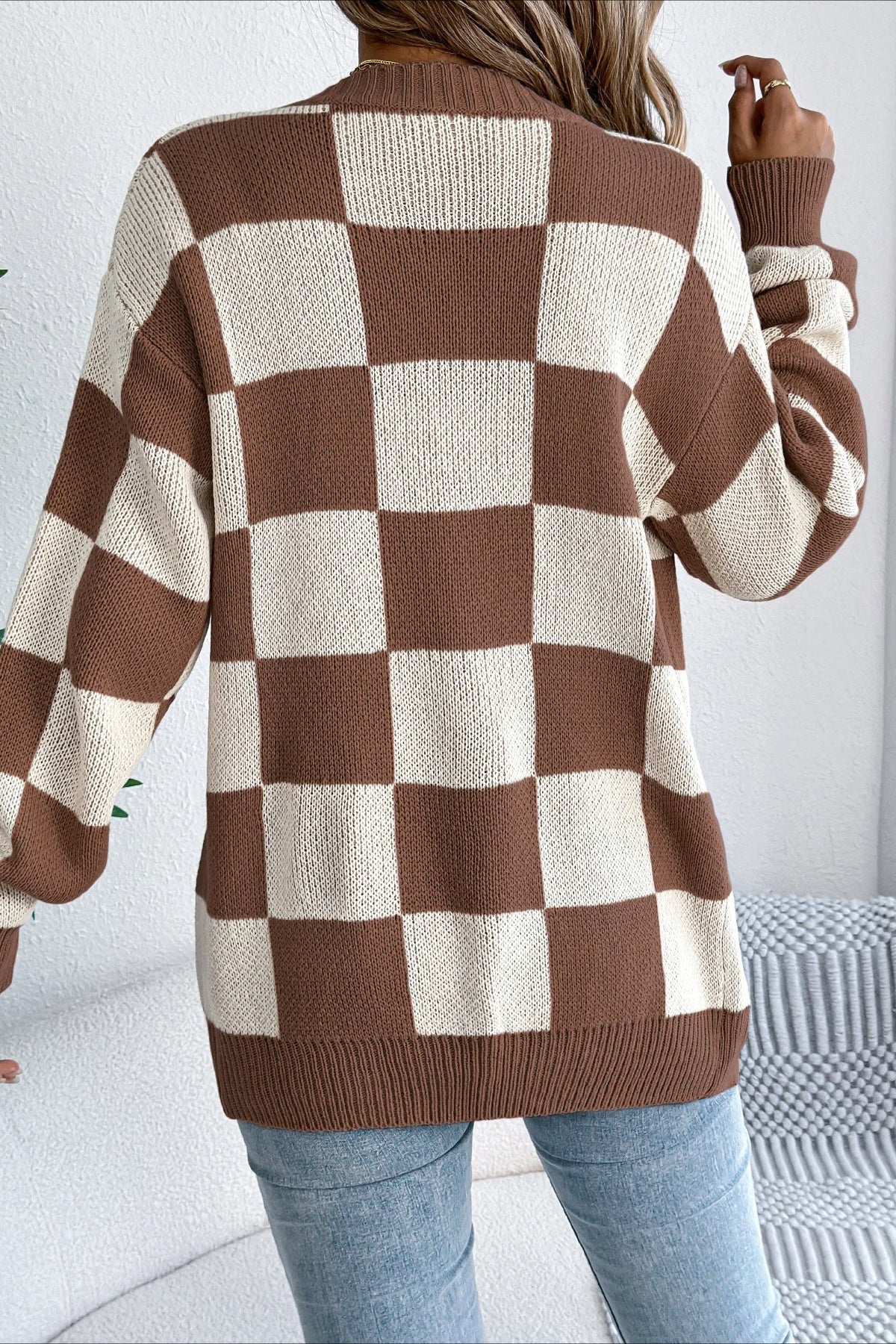 Plaid Knit Casual Loose Cardigan - Image 8
