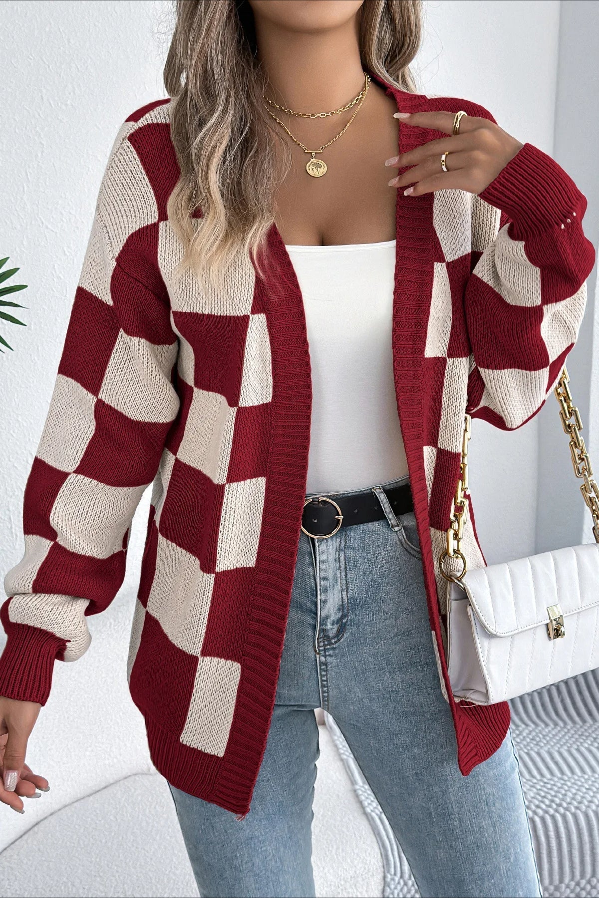 Plaid Knit Casual Loose Cardigan - Image 9