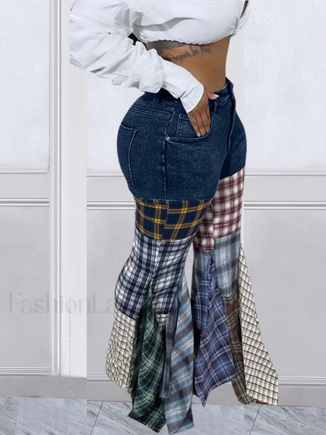 Plaid Patchwork Denim Jeans - Image 10
