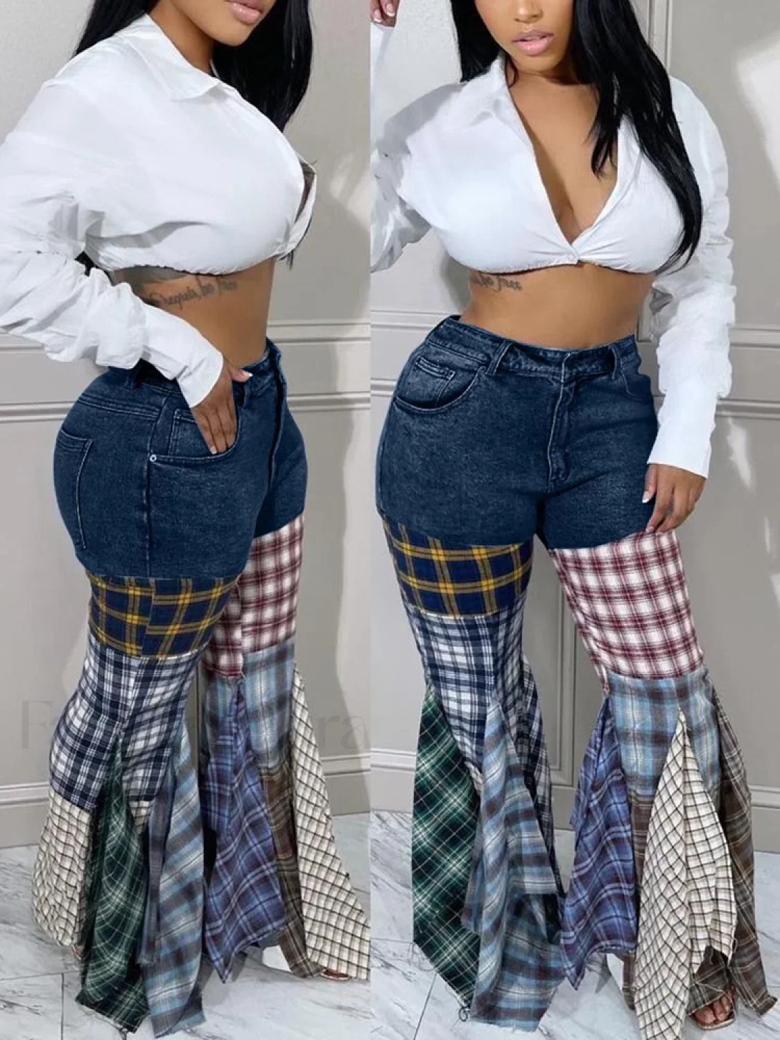 Plaid Patchwork Denim Jeans - Image 8