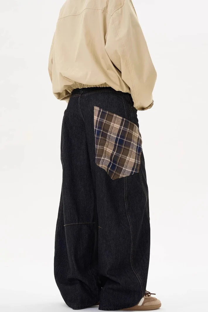 Plaid Patchwork Slouchy Retro Curved Denim Jeans - Image 3