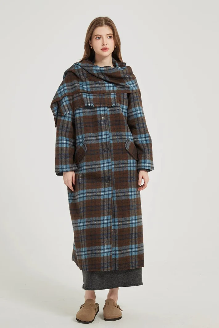 Plaid Wool Scarf Attached Relaxed Overcoat - Image 2
