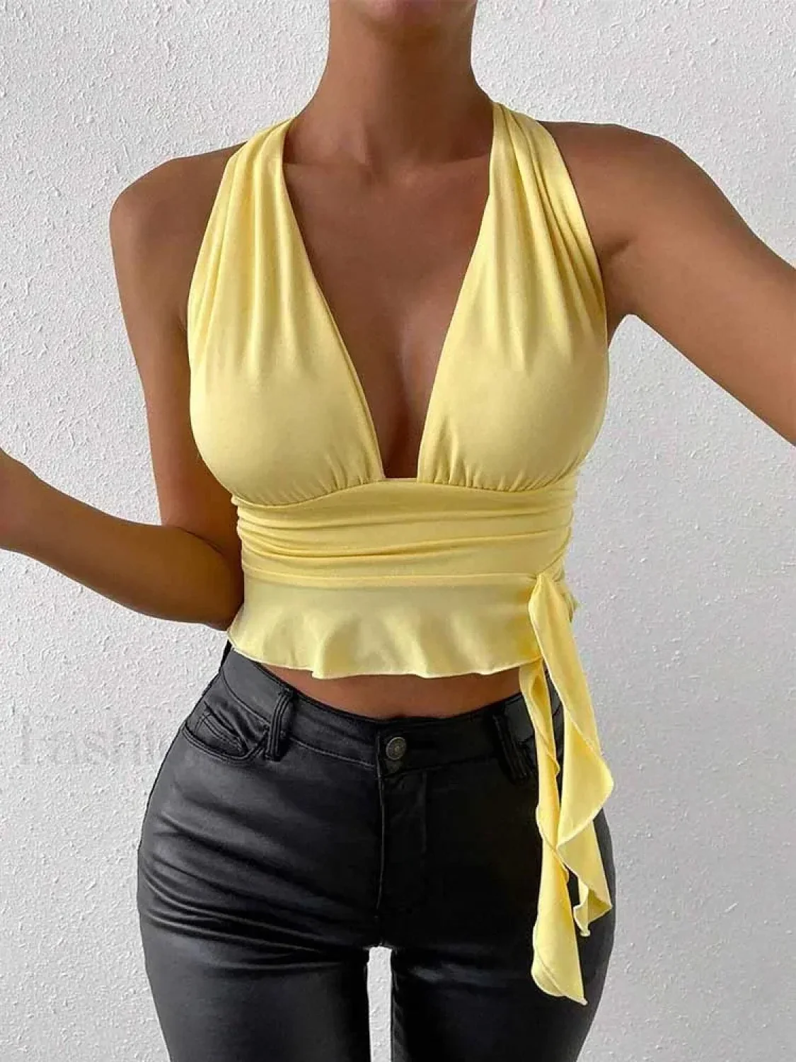Pleated Deep V-Neck Crop Top - Image 4