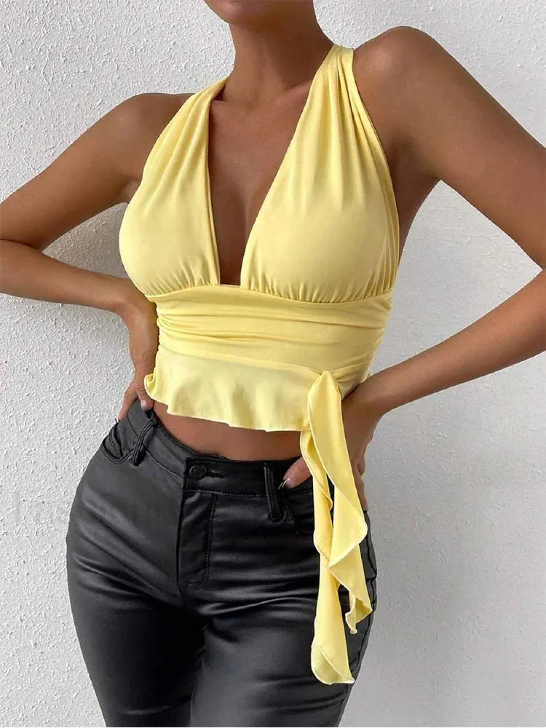 Pleated Deep V-Neck Crop Top - Image 8