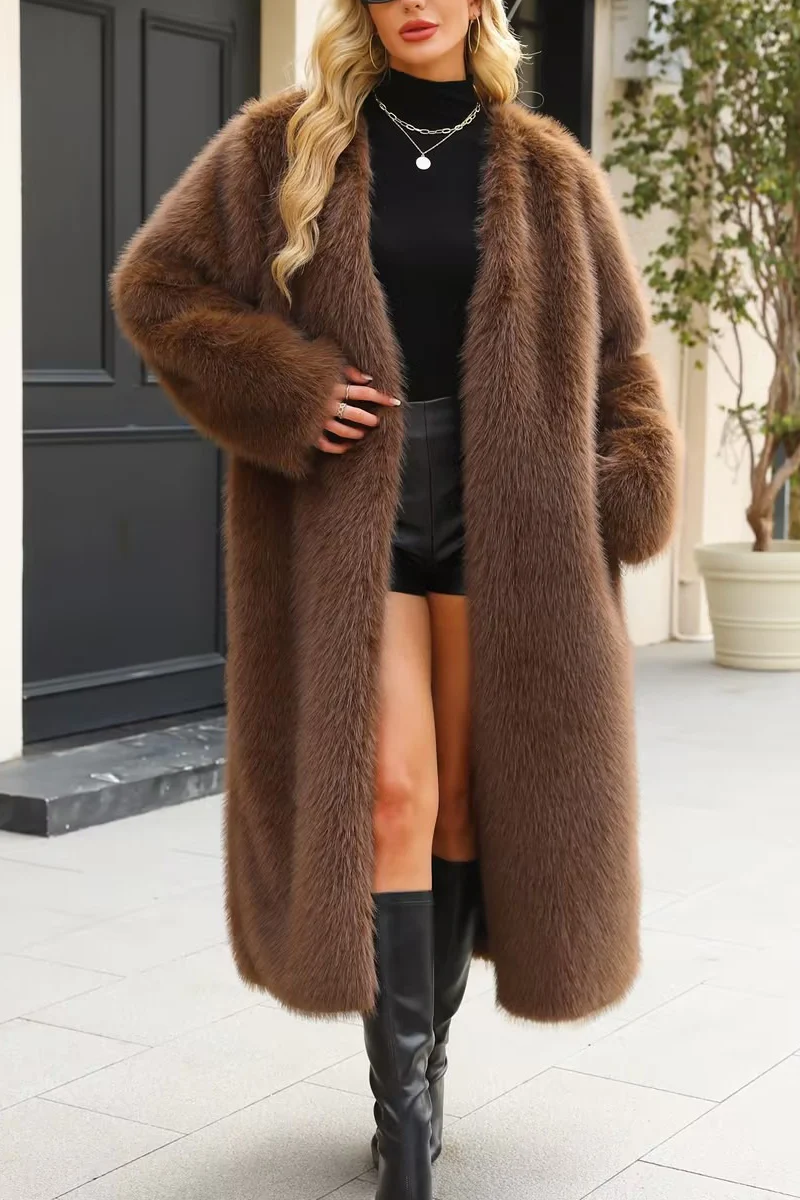 Plush Faux Fur V-Neck Long Overcoat - Image 17
