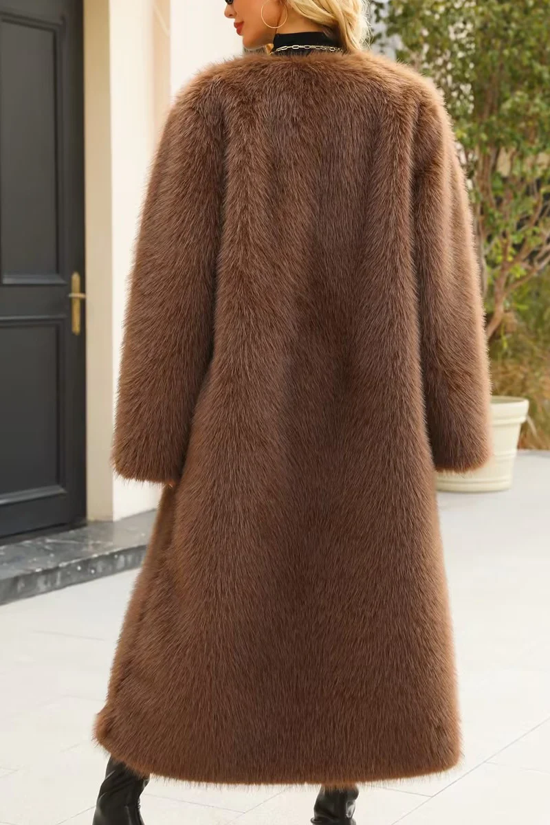 Plush Faux Fur V-Neck Long Overcoat - Image 19