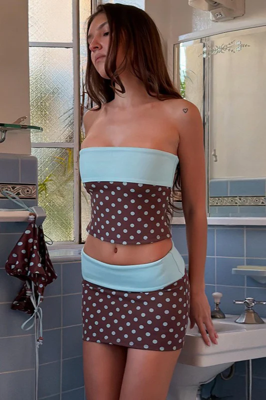 Polka Dot Bandeau Top High Waist Color Block Bodycon Skirt Set - Image 4