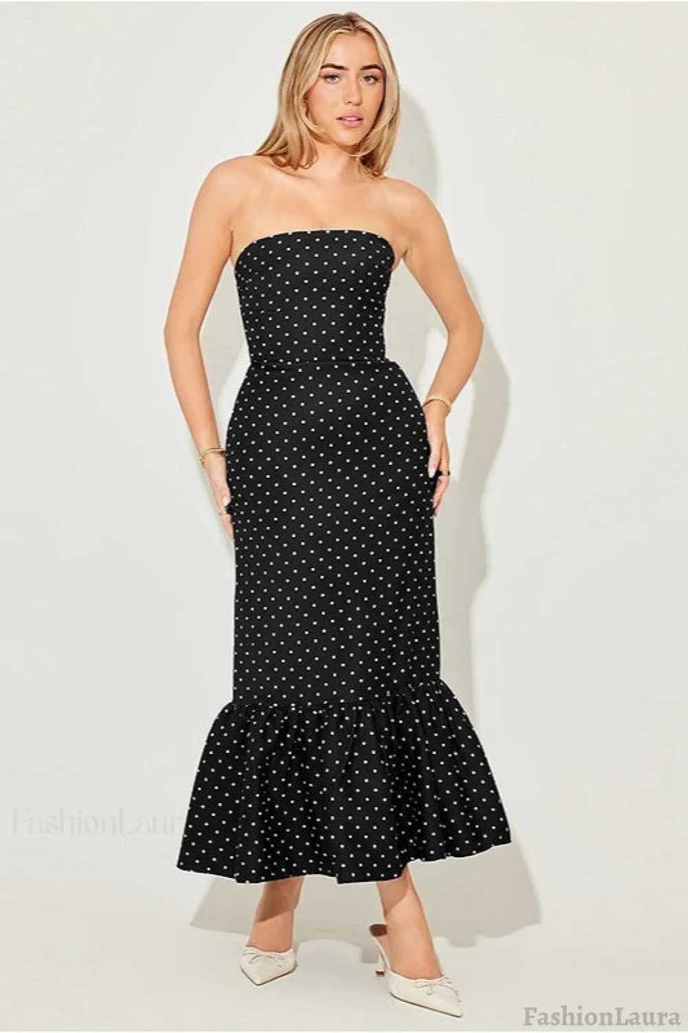 Polka Dot Off Shoulder Strapless Maxi Dress - Image 10