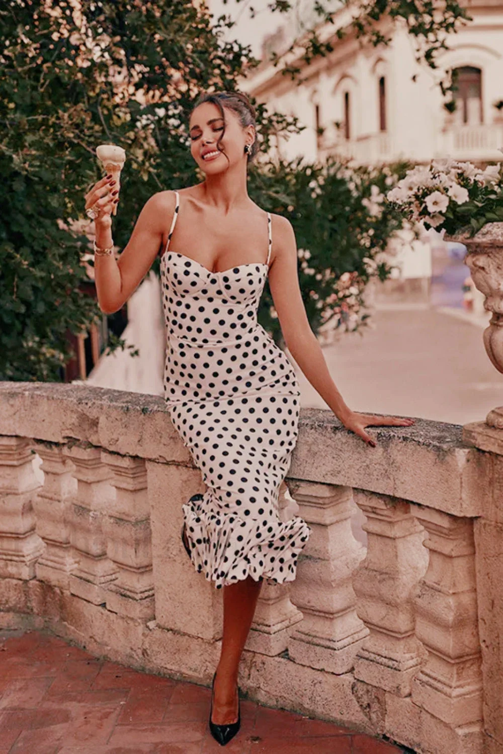 Polka Dot Pleated Slim Waist Strappy Maxi Dress - Image 12