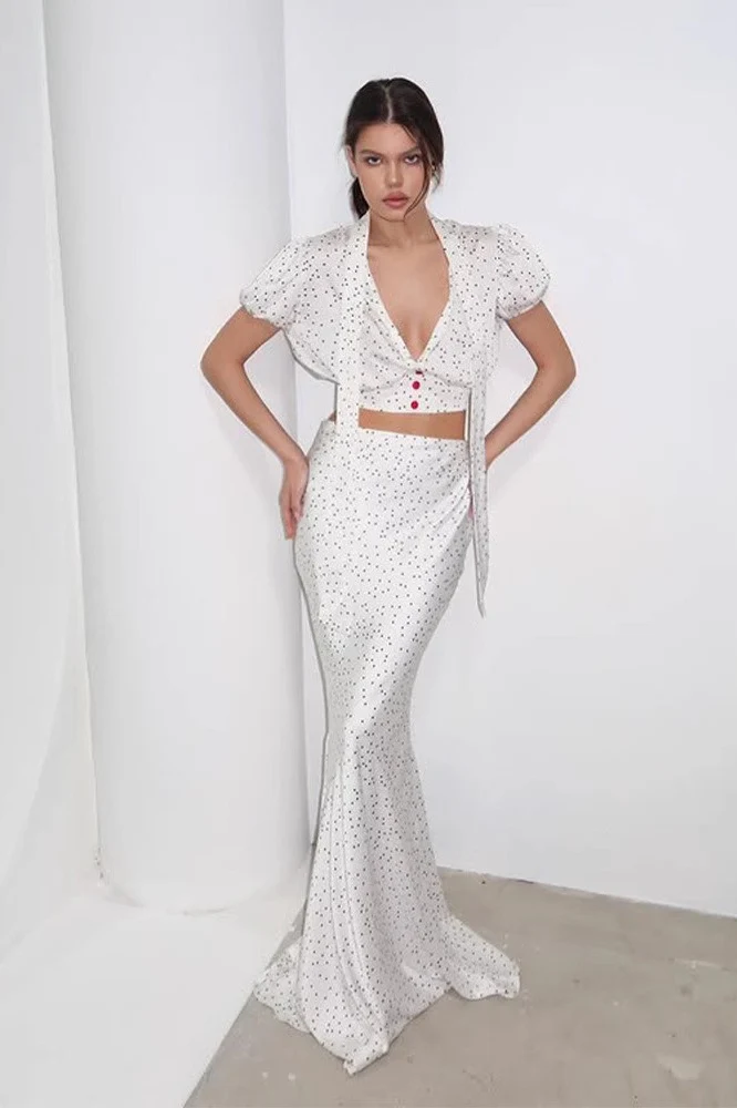 Polka Dot Satin V Neck Crop Top Mermaid Skirt Set - Image 6