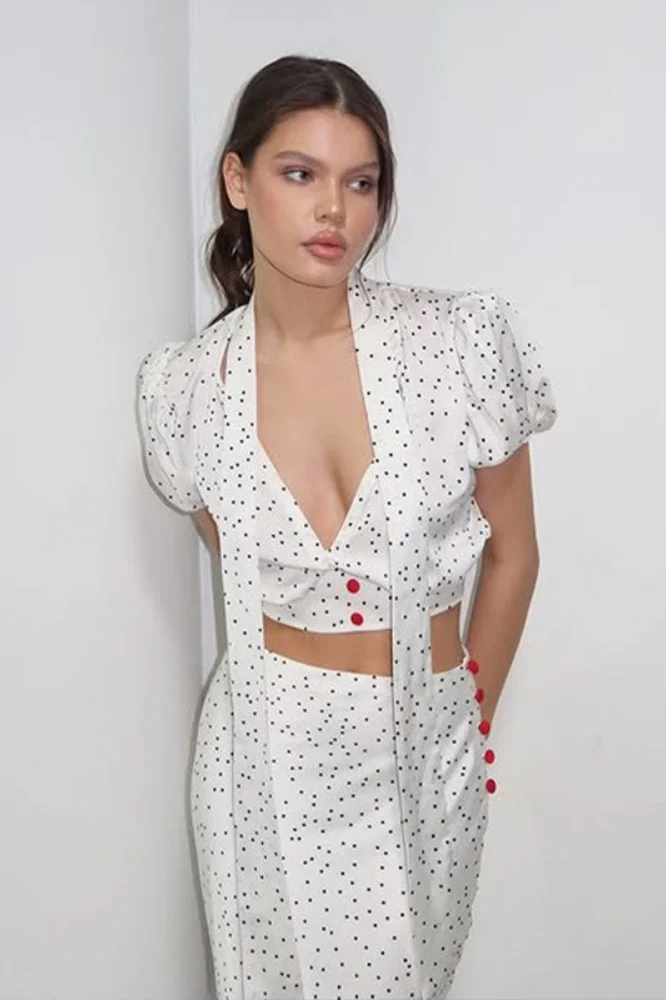 Polka Dot Satin V Neck Crop Top Mermaid Skirt Set - Image 7