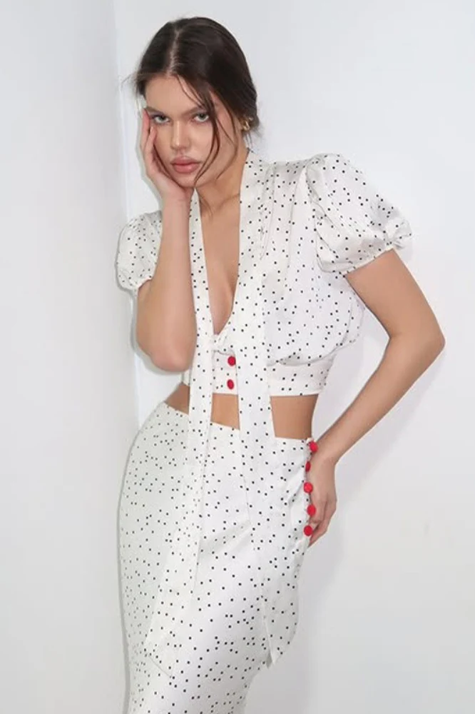 Polka Dot Satin V Neck Crop Top Mermaid Skirt Set - Image 8