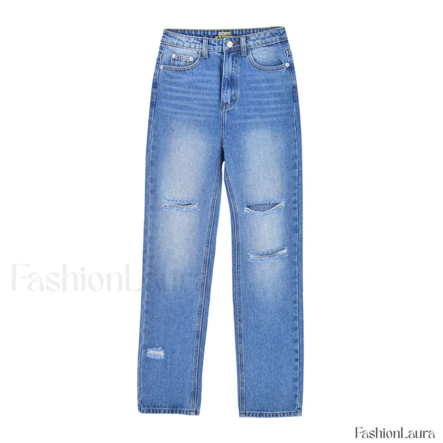 Preppy Style Cut Out High Waist Frayed Straight Leg Jeans - Blue - Image 10