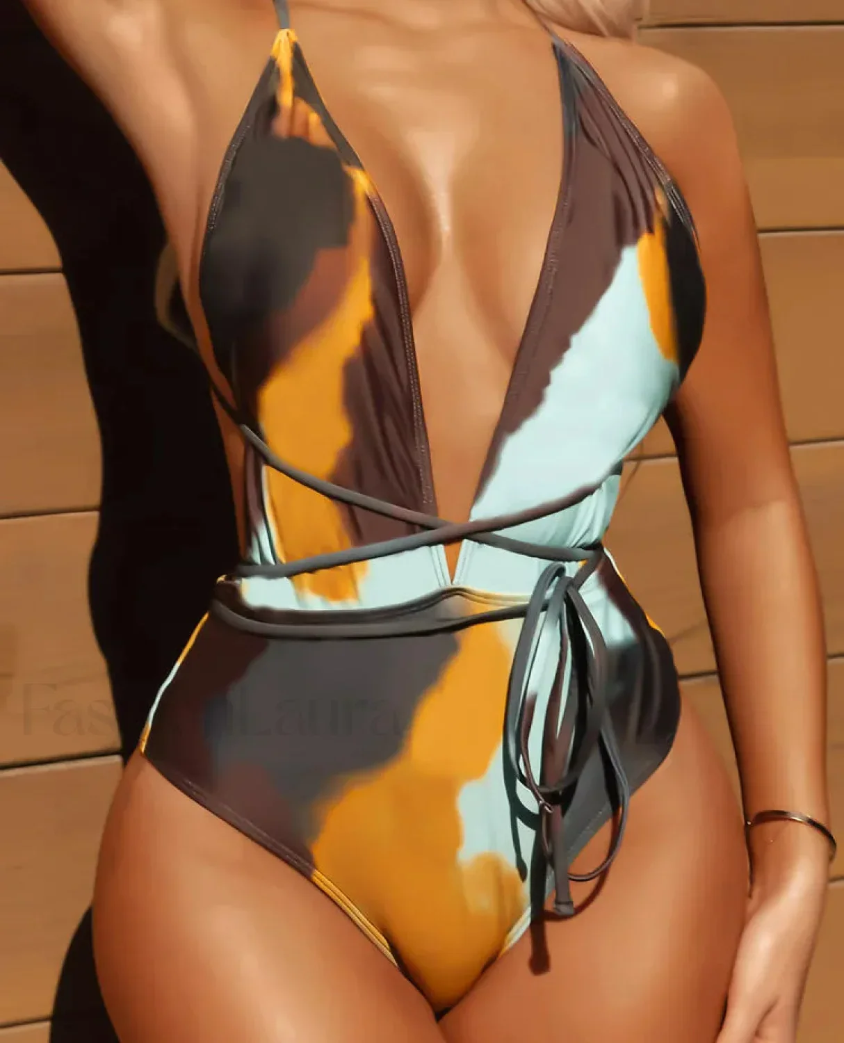 Print Strapped Deep V Cross One Piece - Image 2