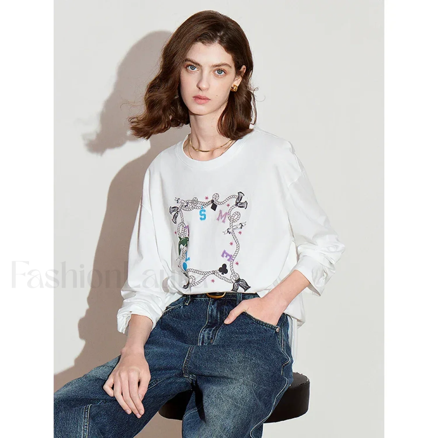 Printed Round Neck Cotton Long T-Shirt - Image 2