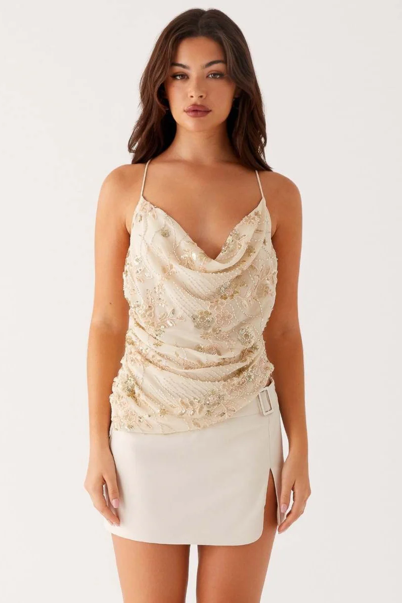 Printed Sequin Back Tie Tank Top - Image 6
