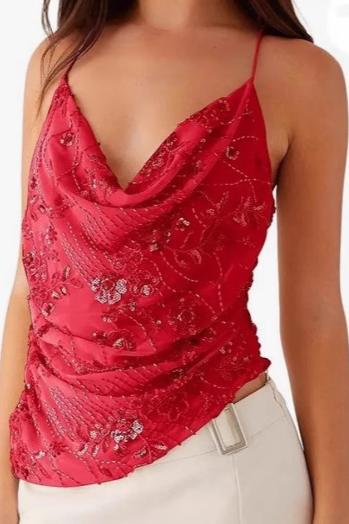 Printed Sequin Back Tie Tank Top - Image 9