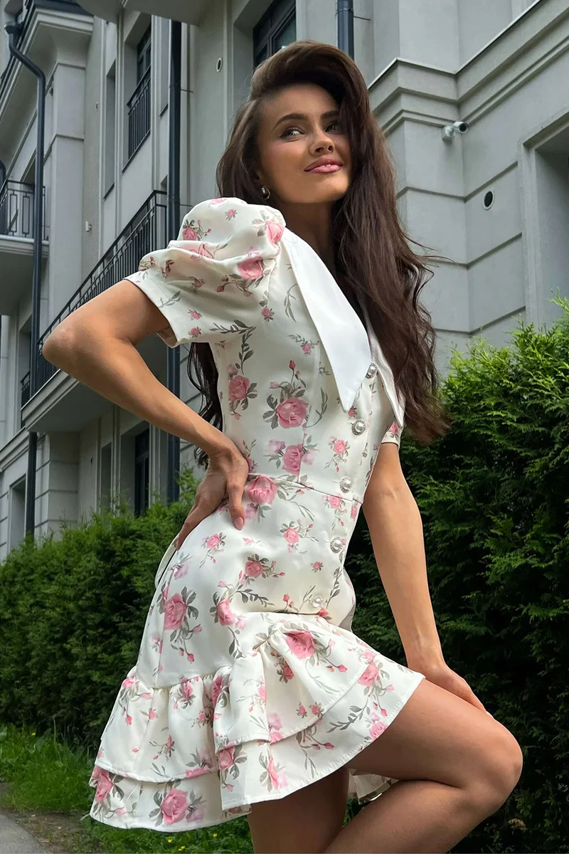 Puff Sleeve Ruffle Mini Floral Dress - Image 2