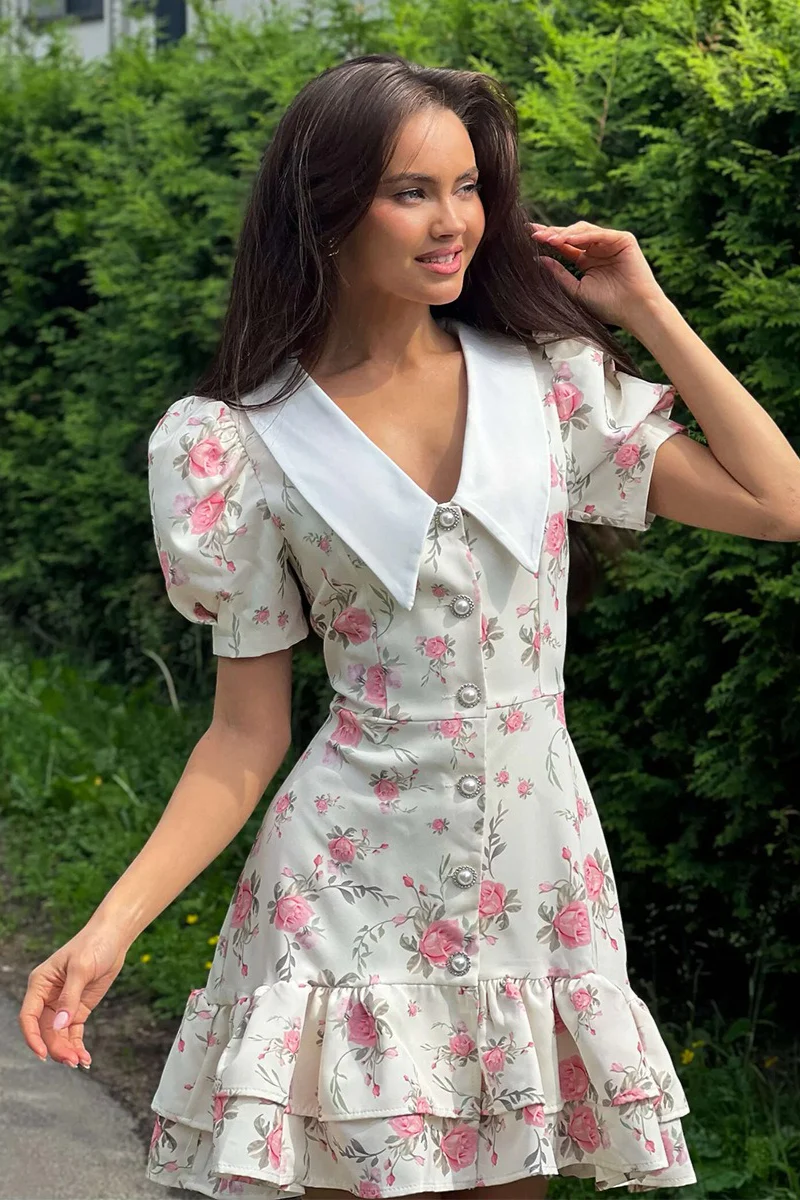 Puff Sleeve Ruffle Mini Floral Dress - Image 4
