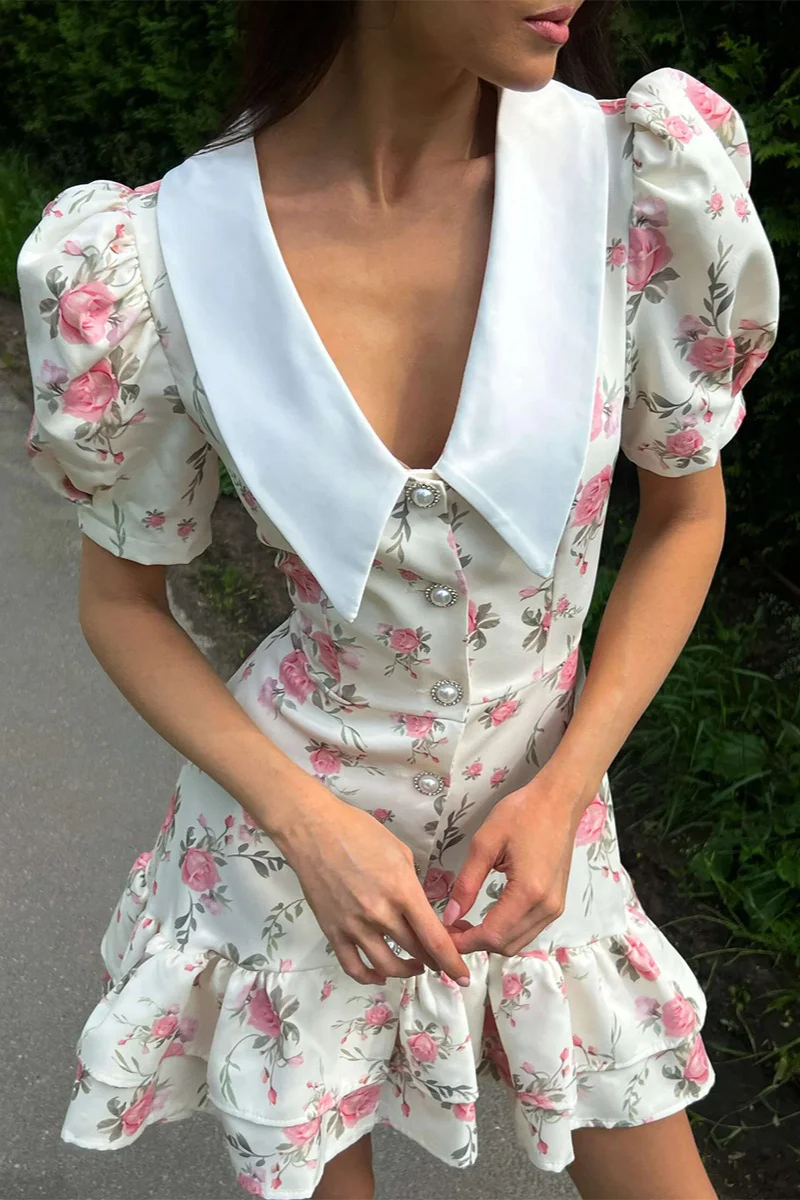 Puff Sleeve Ruffle Mini Floral Dress - Image 5