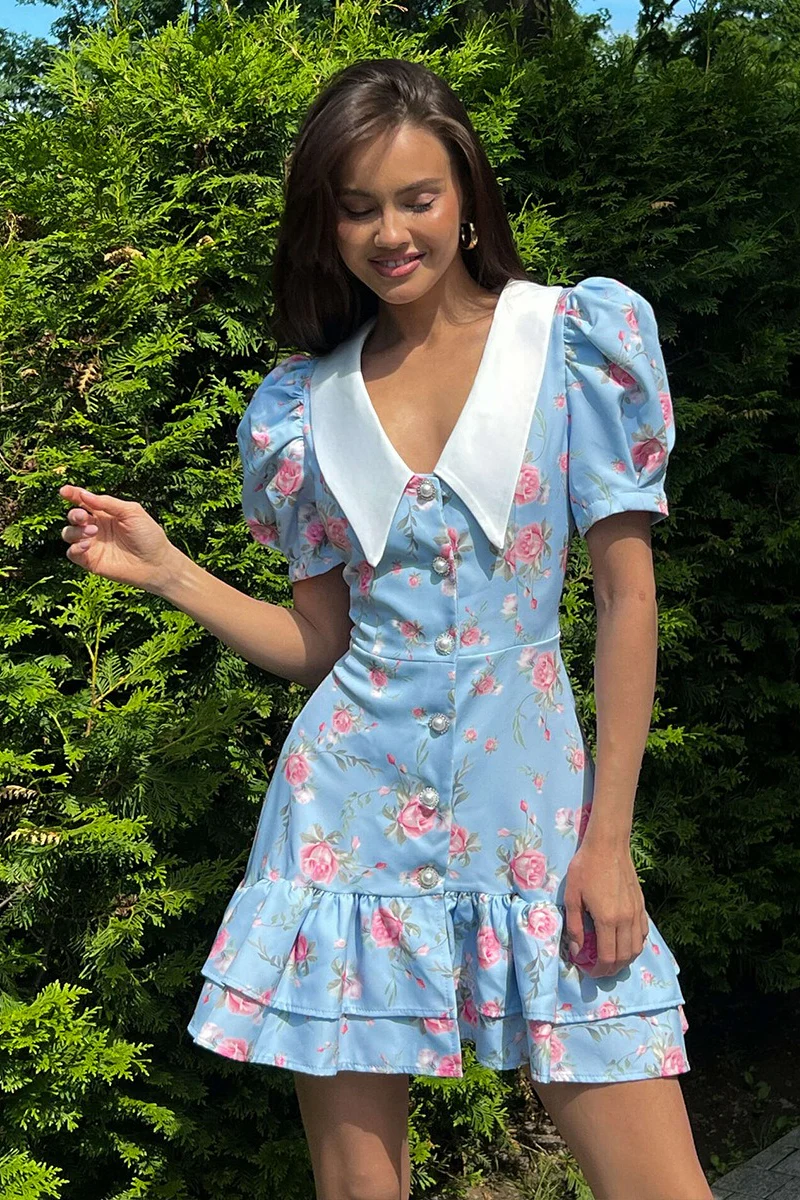 Puff Sleeve Ruffle Mini Floral Dress - Image 6