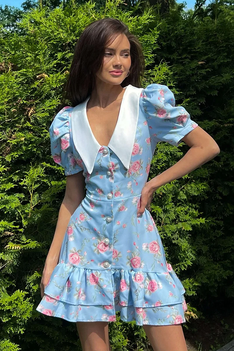 Puff Sleeve Ruffle Mini Floral Dress - Image 8