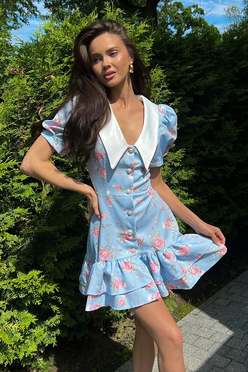 Puff Sleeve Ruffle Mini Floral Dress - Image 9