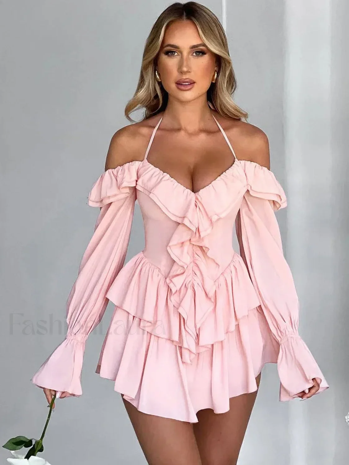 Pure Color Flare Sleeve Mini Dress - Image 7