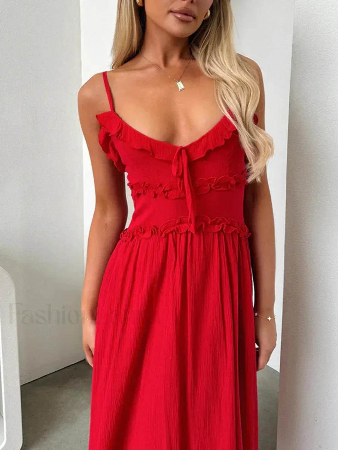Red V-Neck Camisole Midi Dress - Image 5