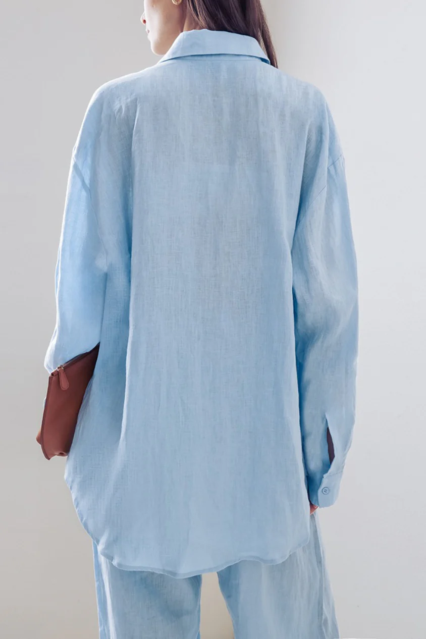Relaxed Linen Blend Blouse Wide Leg Two Piece Pants Set - Image 4