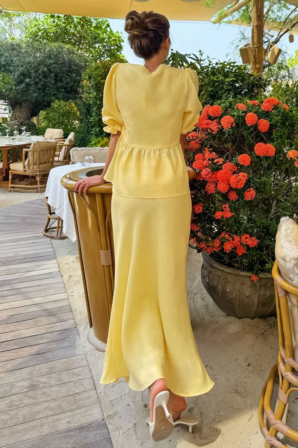 Resort Casual Cotton Linen Puff Sleeve Two Piece Skirt Set - Image 3