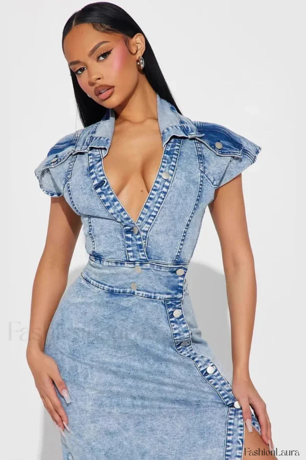Retro Button Split Denim Maxi Dress - Image 11