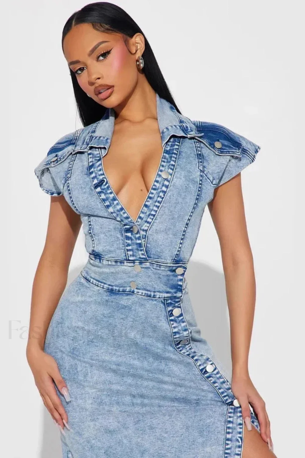 Retro Button Split Denim Maxi Dress - Image 2