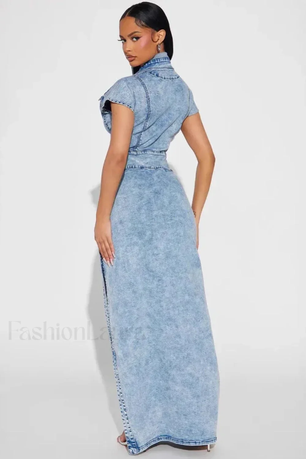 Retro Button Split Denim Maxi Dress - Image 3