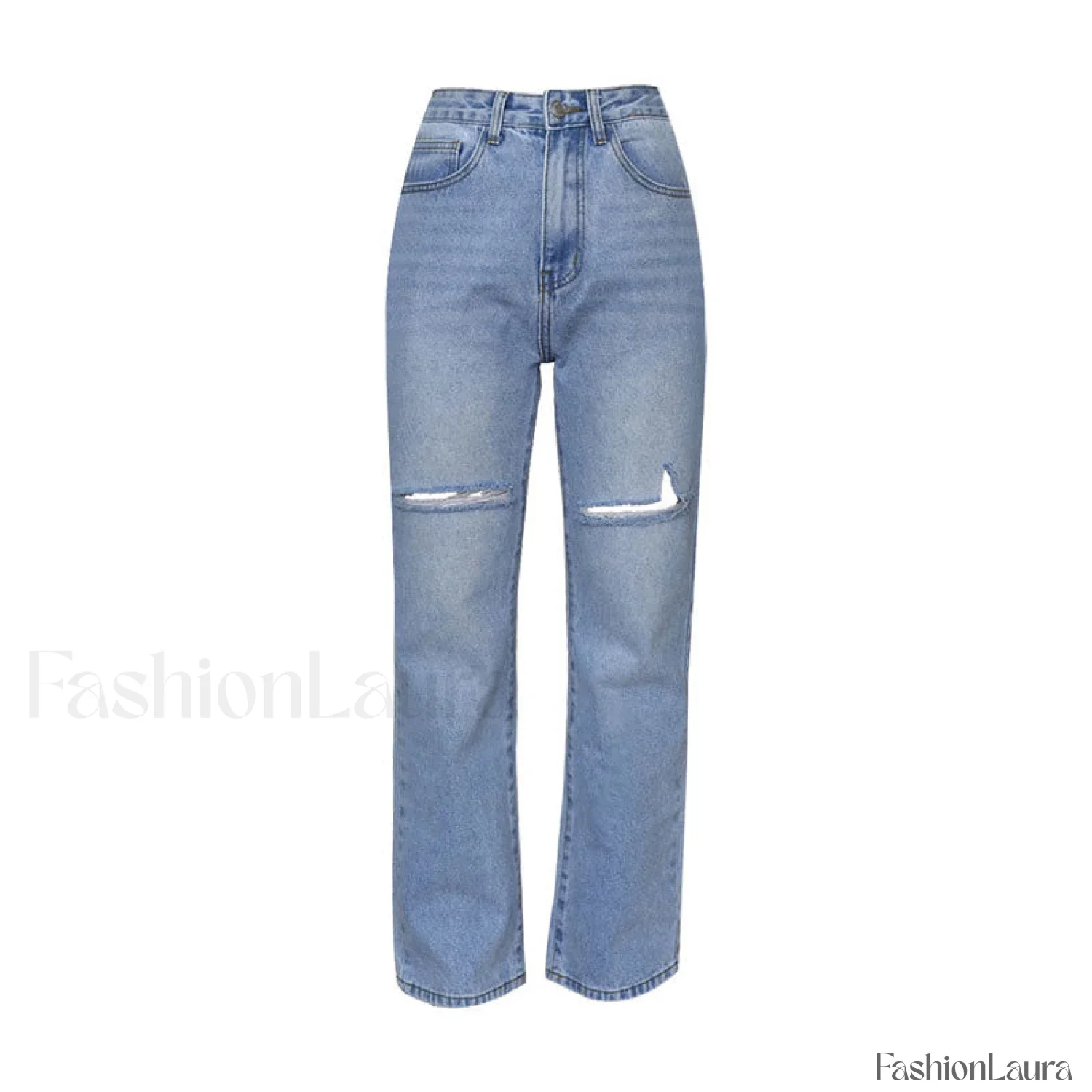 Cut Out High Waist Frayed Straight Leg Jeans - Light Blue - Image 9